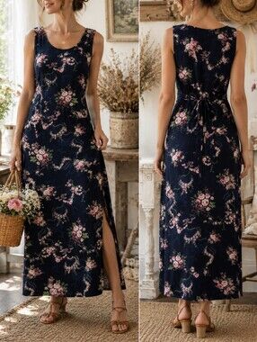 Vintage Cottagecore Floral Midi Slip Dress Navy Rose Ribbon Romantic MP